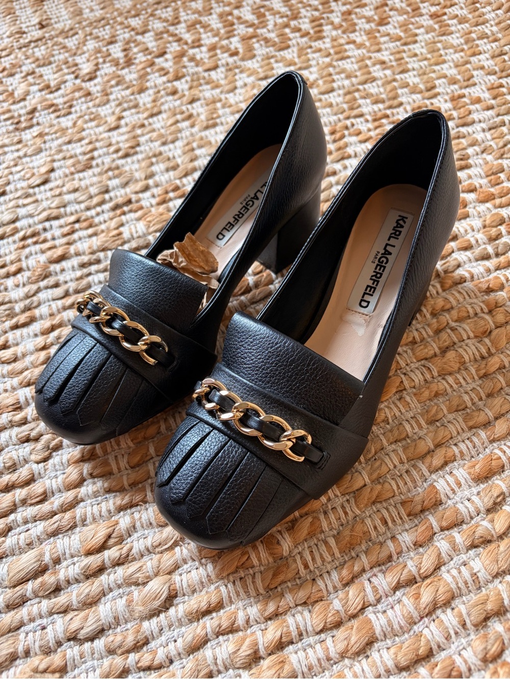 Karl Lagerfeld Black Leather Chain-Accent Loafers Women’s chunky heel shoes.